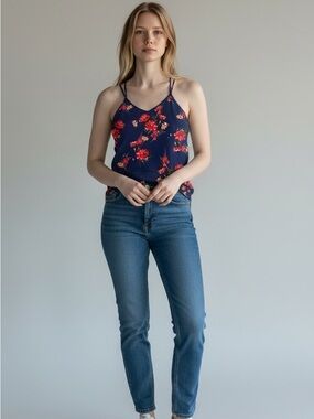 Papermoon Stitchfix Plus Size 1X Navy Blue Floral Strappy Tank Top Girly dainty